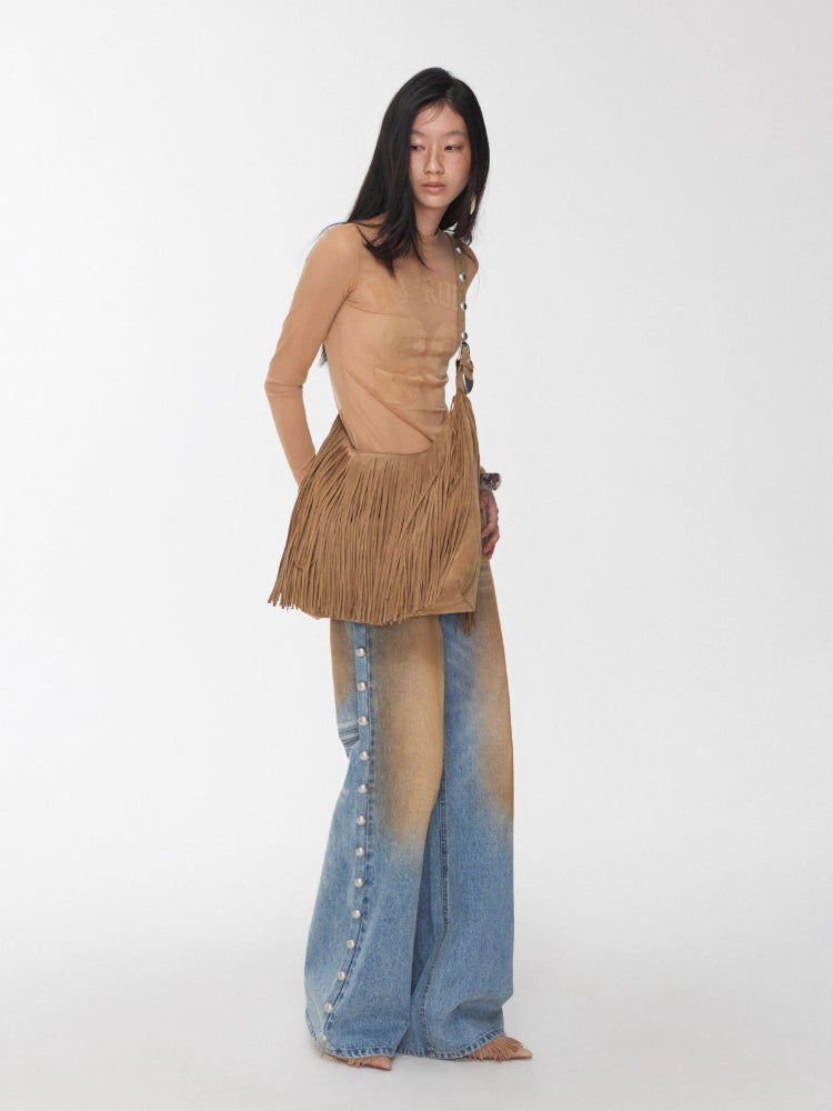 Flocked Mesh Sporty Turtleneck Top