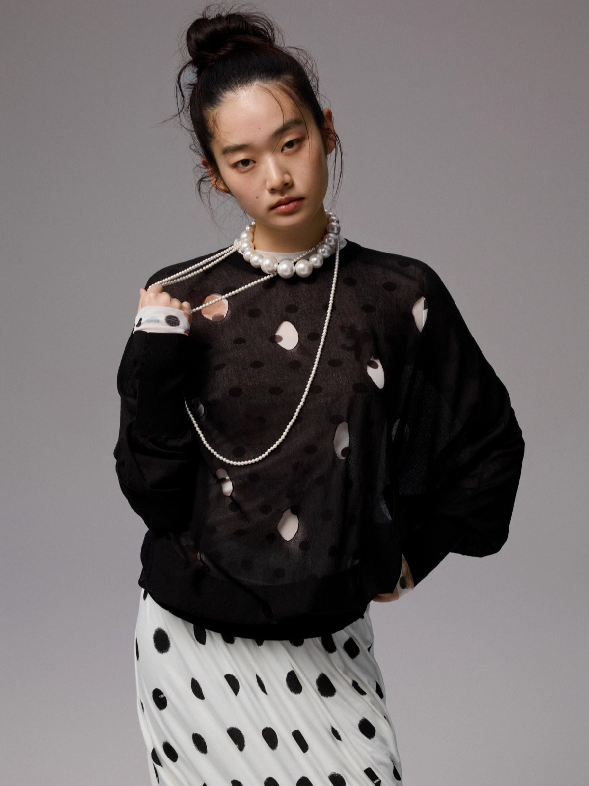 Polka Dot Hollow Knit Bubble Pullover