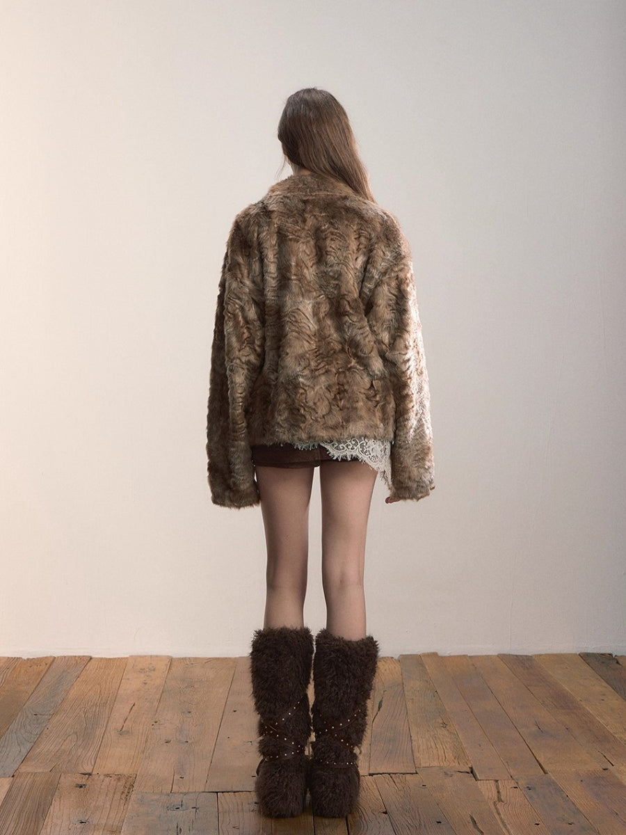 Textured Custom Large Notch Collar Faux Fur Coat