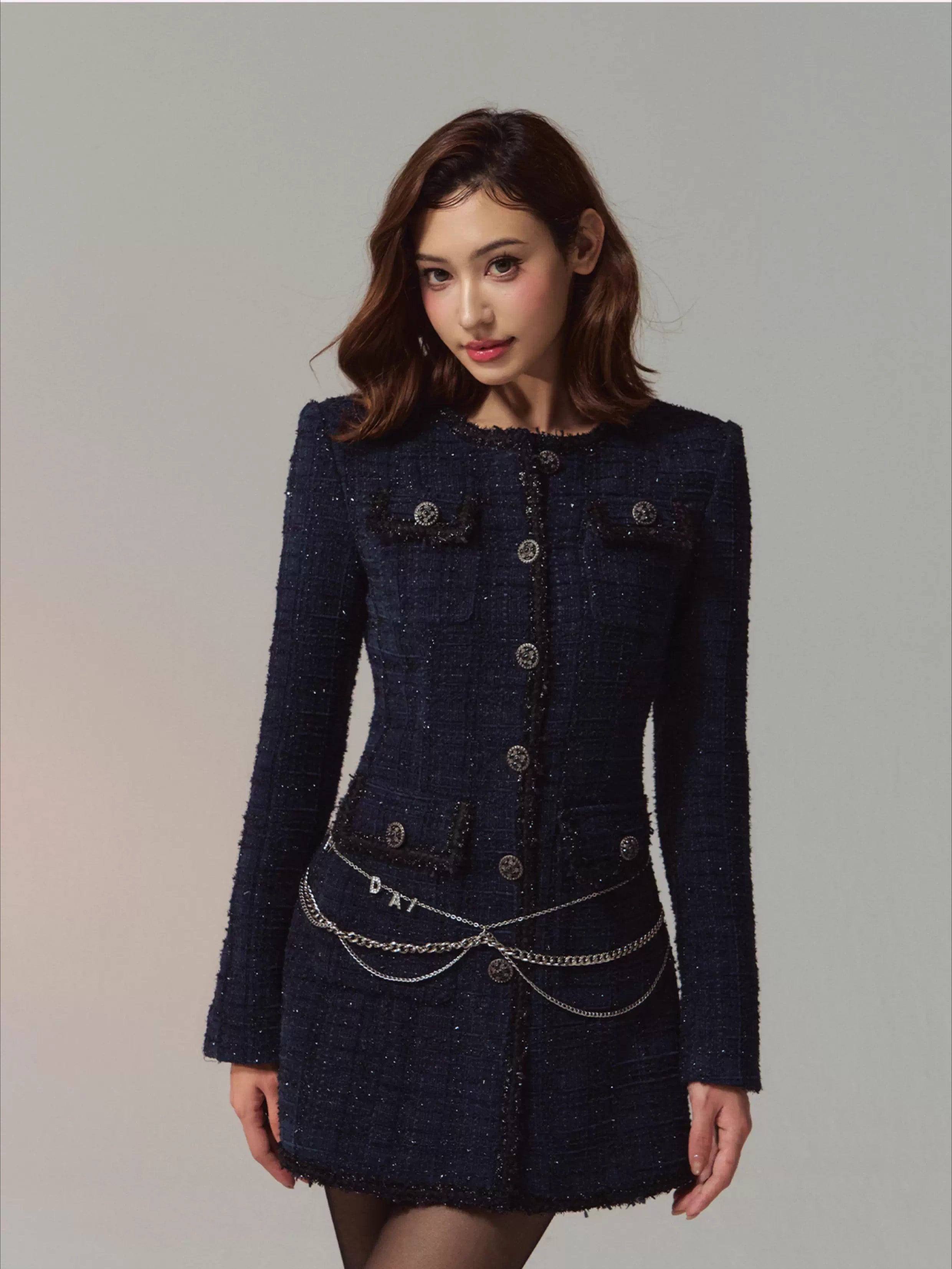 Scottish Wool-Blend Tweed Vintage Navy Fitted Dress