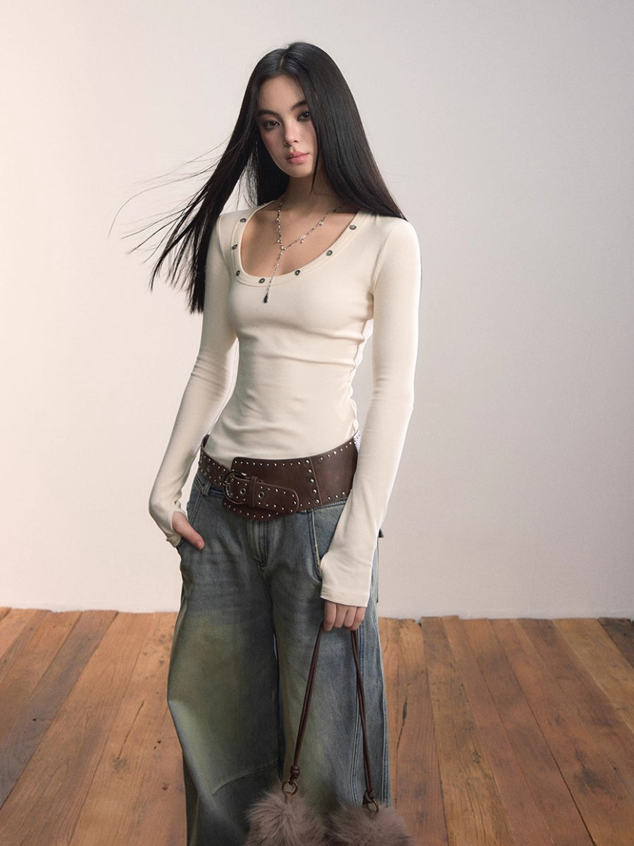 Studded Asymmetric U-Neck Long Sleeve Knit Top