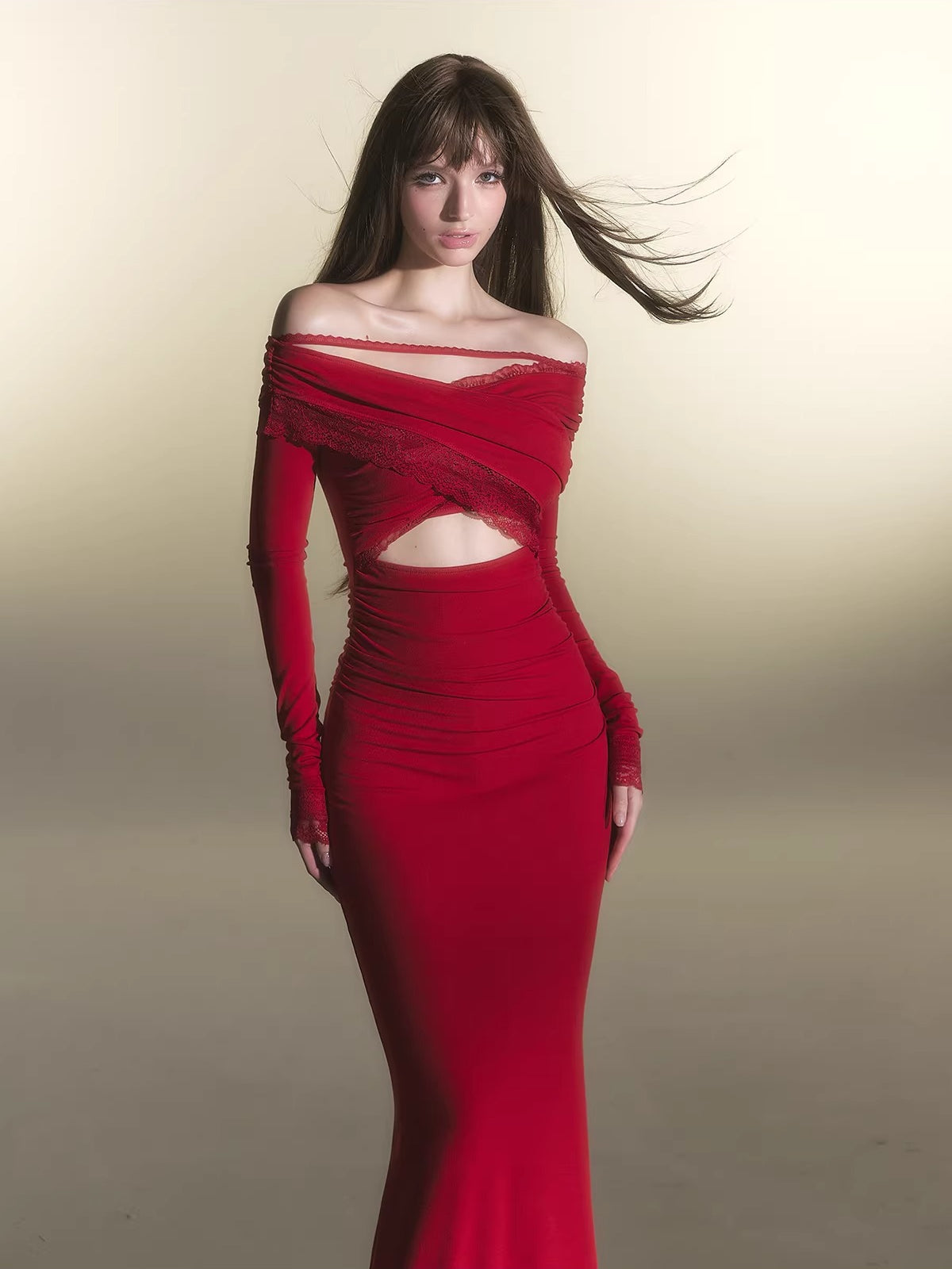 Red Off-Shoulder Long-Sleeve Bodycon Dress