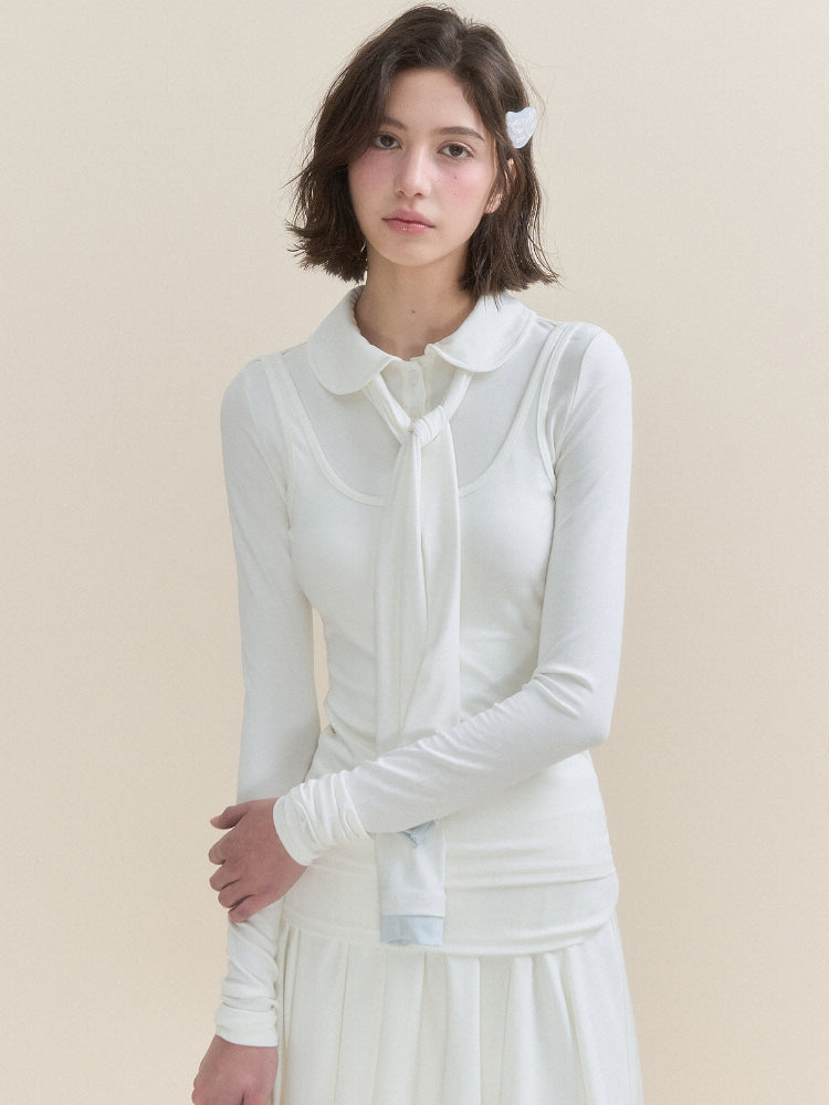 White & Blue Collared Knit Top & Skirt Set