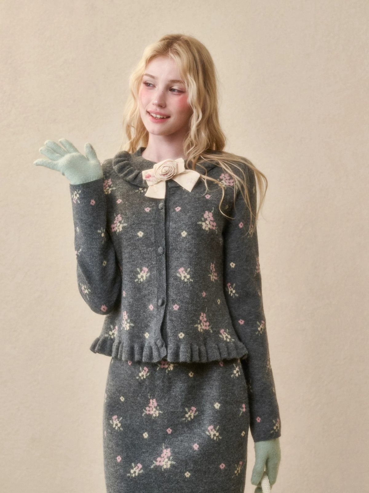 Floral Knit Cardigan & Skirt Set