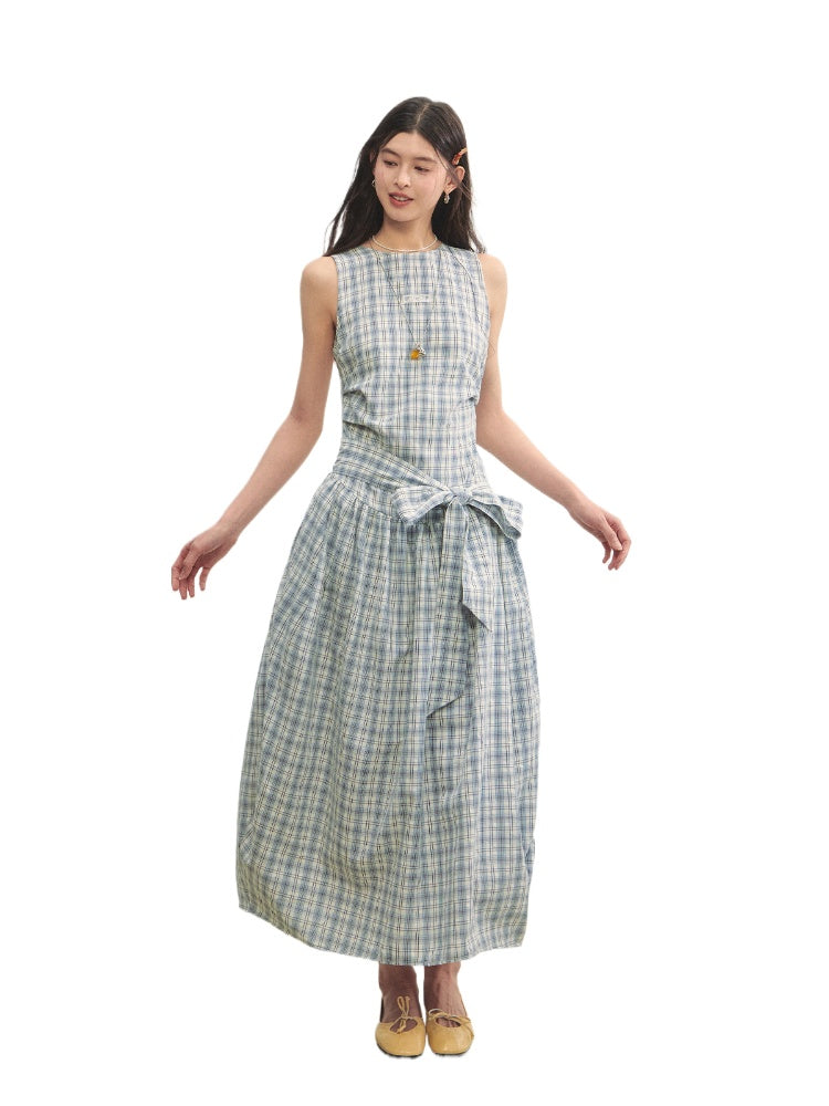 Belted Waist Checked Vest Dress