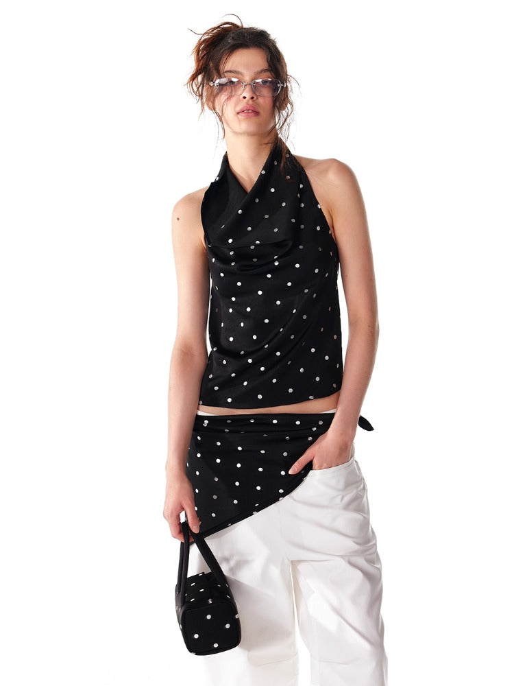 Black Silver Polka Dot Neckline Backless Top