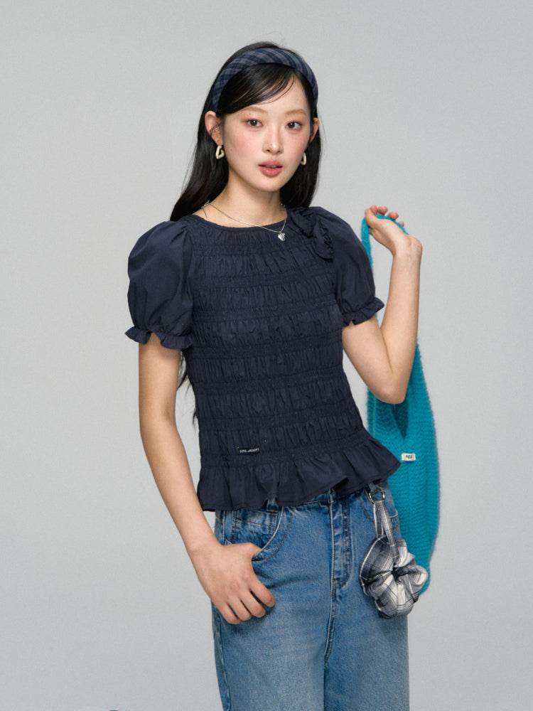 Three-Dimensional Flower Pleated Short-Sleeve Blouse
