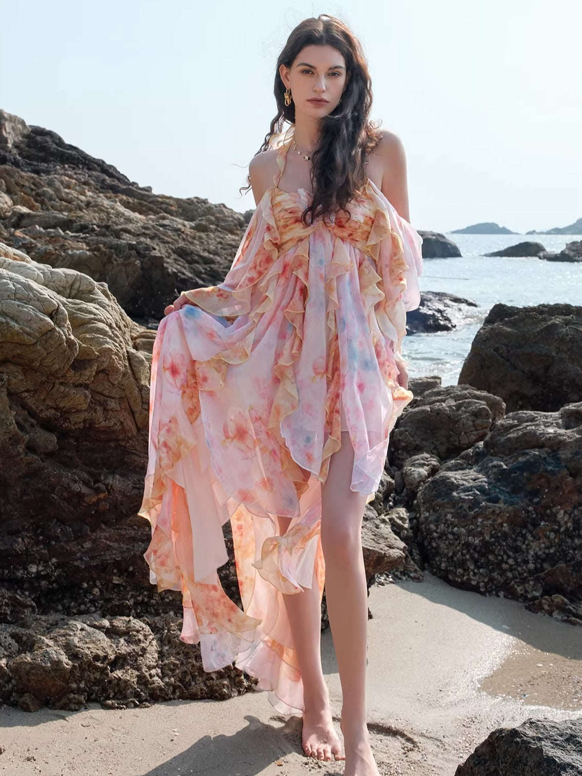Guggi Printed Chiffon Halter Dress