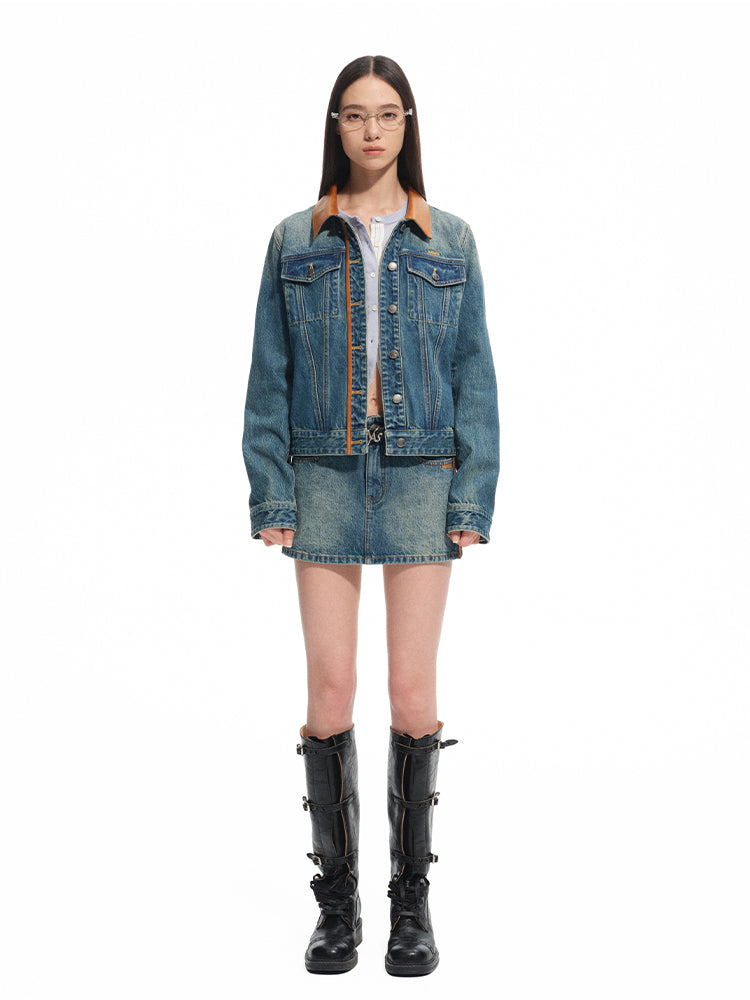 Vintage Washed Twill Patchwork Leather Straight Short Skirt