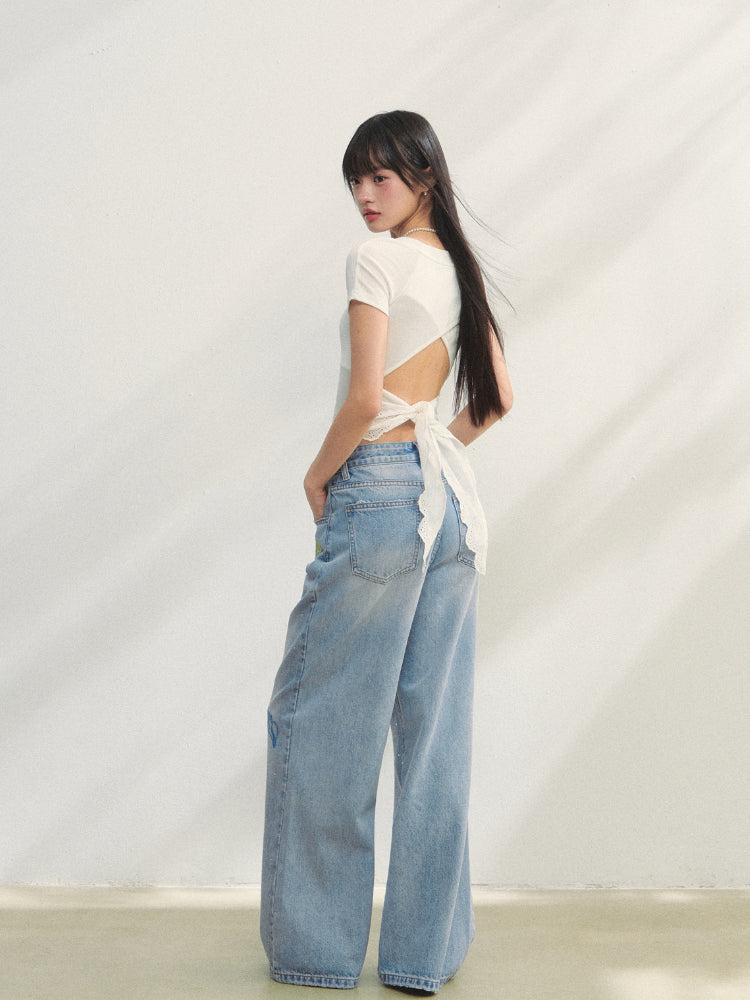 Crew Neck Printed Backless Embroidered T-Shirt