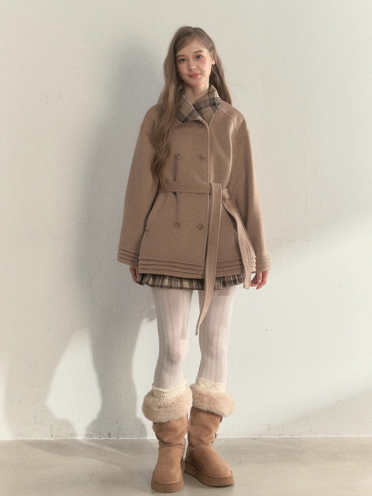 Plaid-Collar Double-Breasted Wool Coat