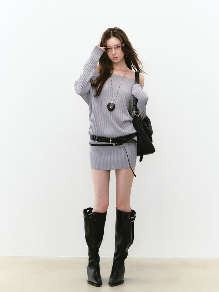 Thin One-shoulder Oblique-shoulder Button Dress