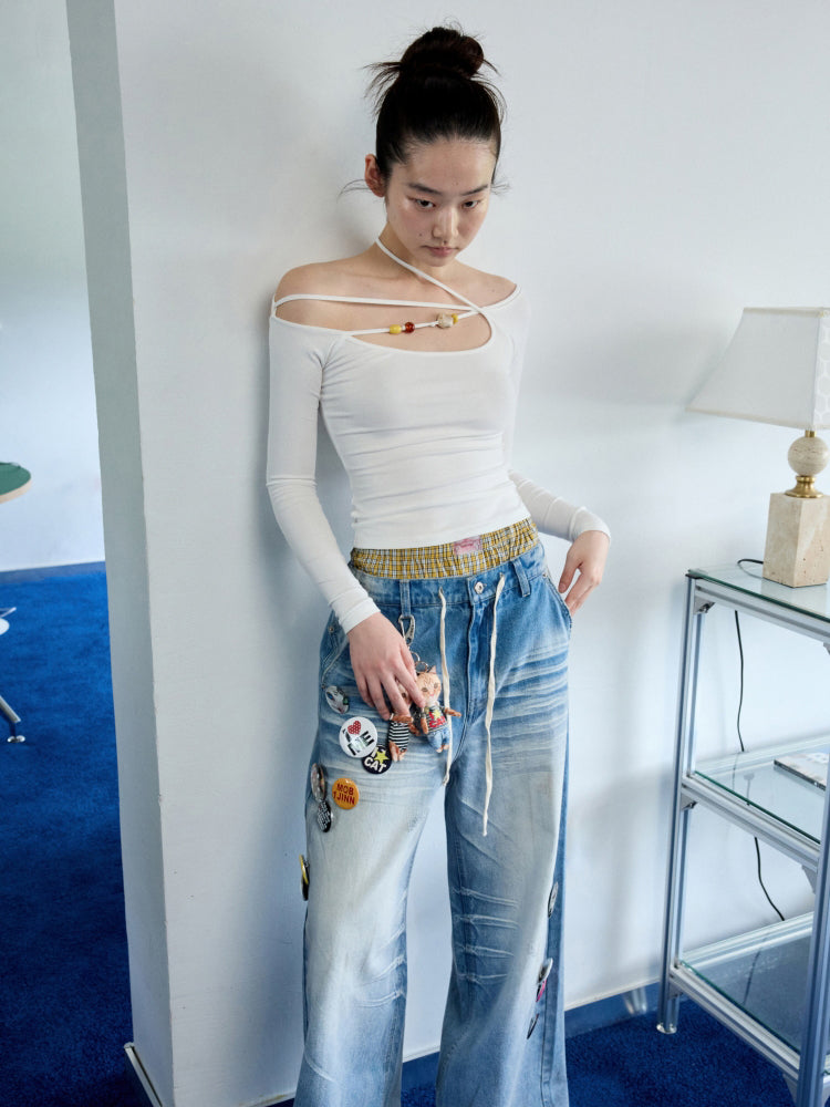 One-Shoulder Beaded Strappy Solid Color T-Shirt