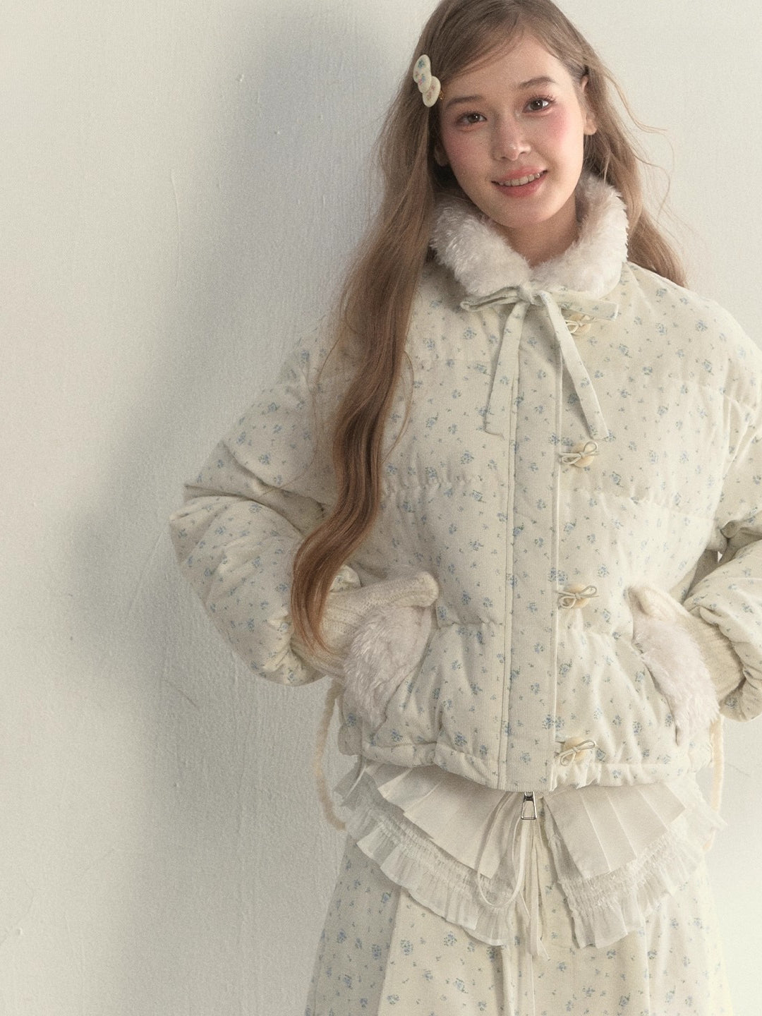 Floral Corduroy Down Jacket & Pleated Skirt