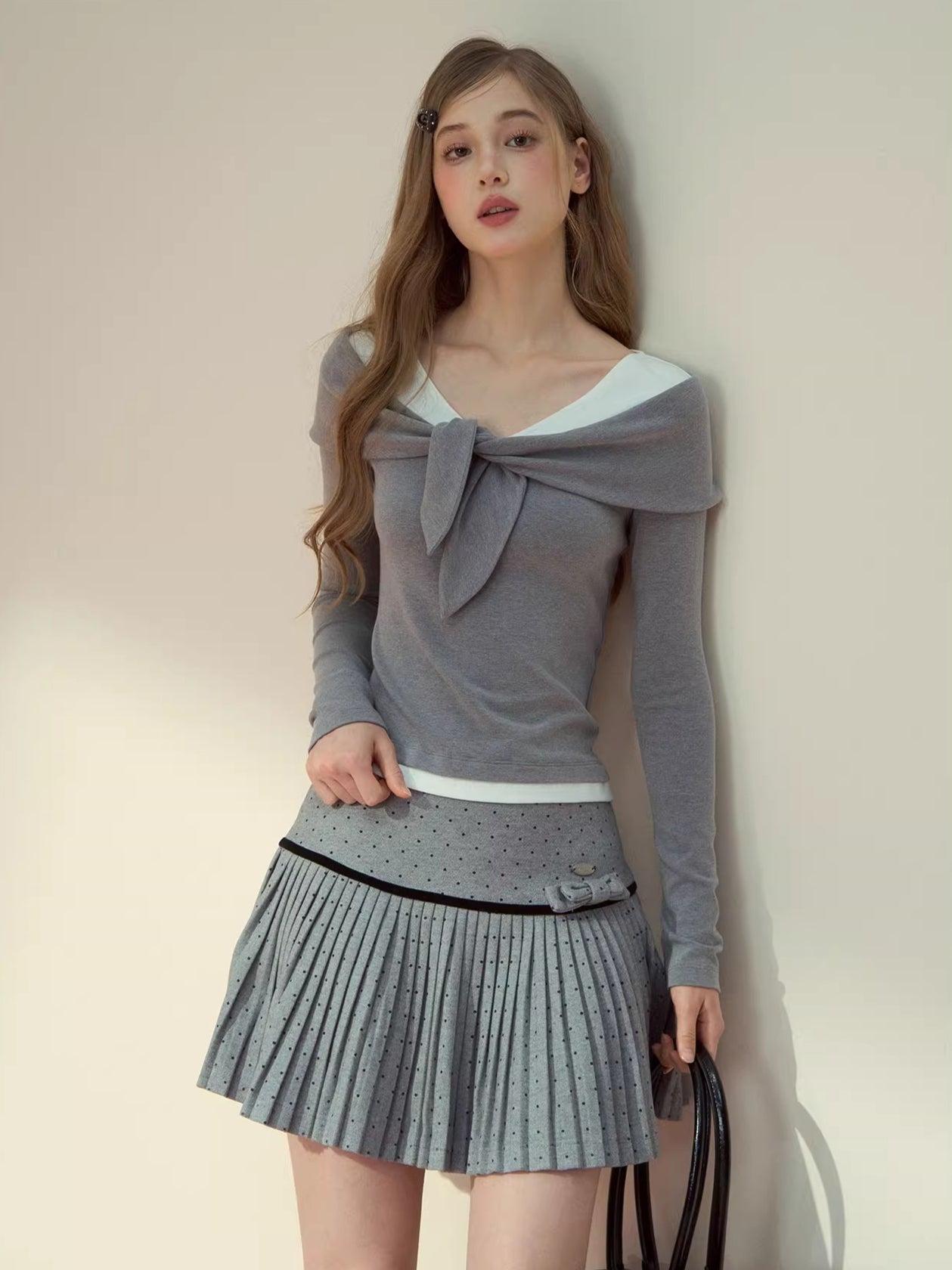 Polka-Dot Bow Pleated Skirt