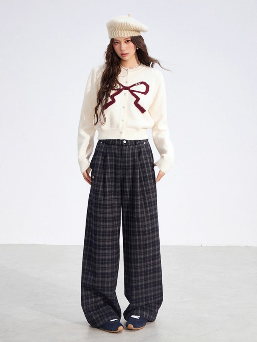 Gray Fleece Checkered Wide-Leg Pants