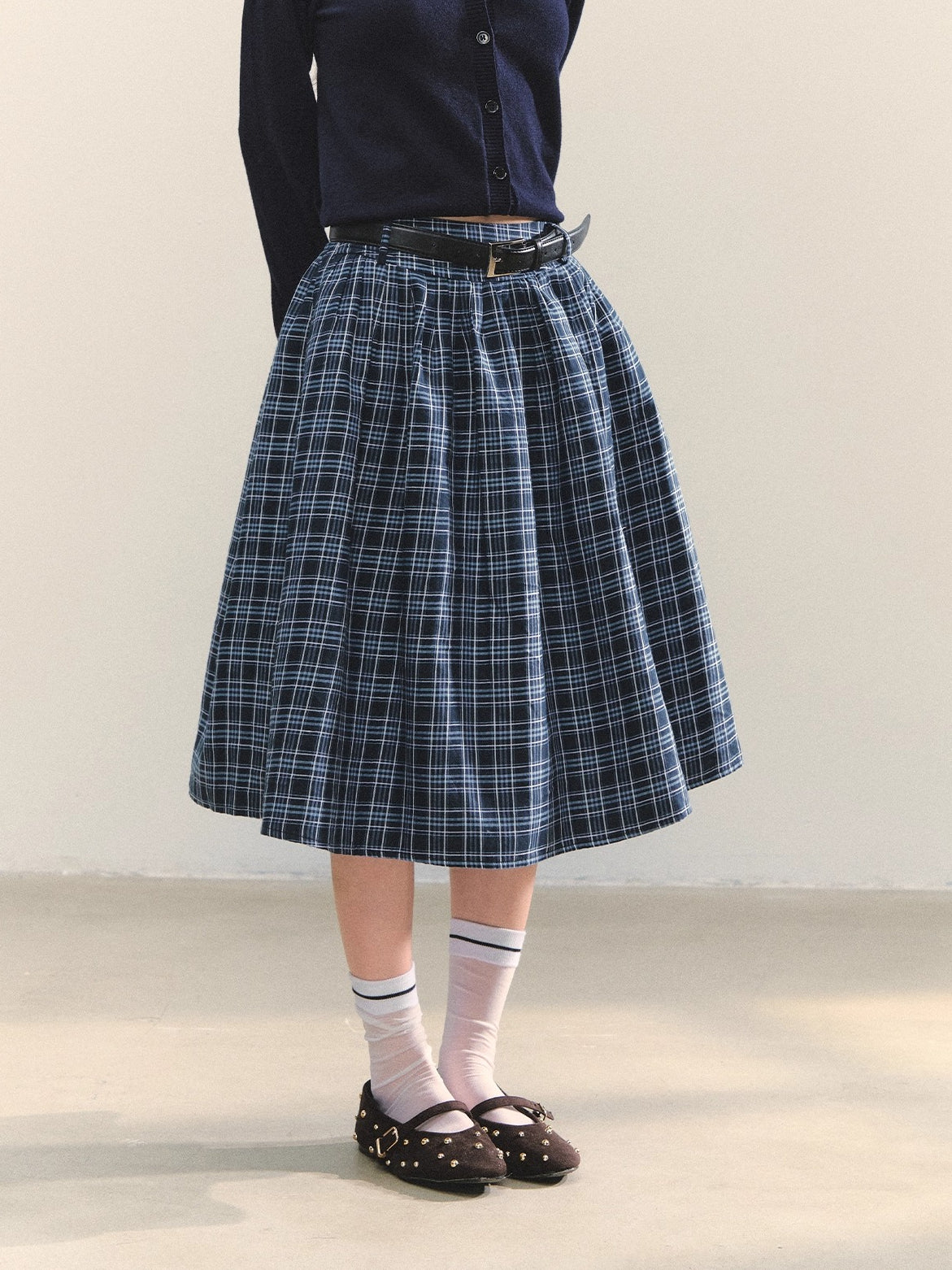 Blue Belted Plaid Skirt