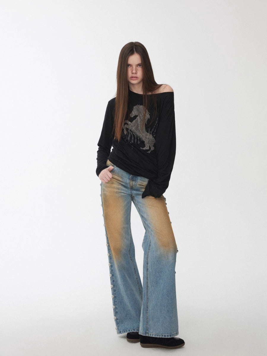 Rhinestone Embellished Asymmetric Drape T-shirt