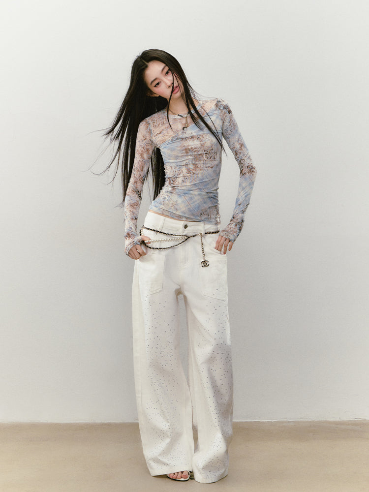 Printed Mesh Contrast-colored Long-sleeve T-shirt