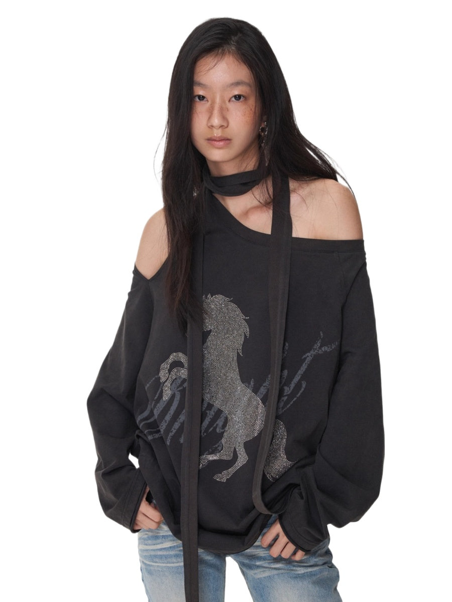 Rhinestone Graphic Off-Shoulder Tie Sweatshirt