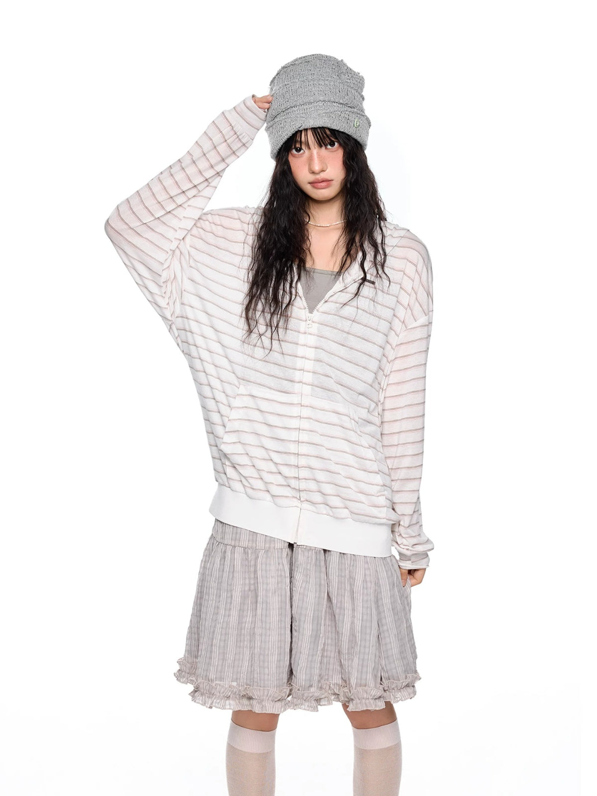 Striped Hooded Long Sleeve Top