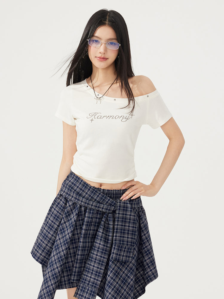 High-Elasticity Star-Studded Diagonal Shoulder T-Shirt