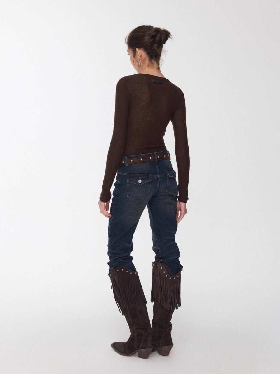 Vintage Pleated Washed Denim Curved Jeans