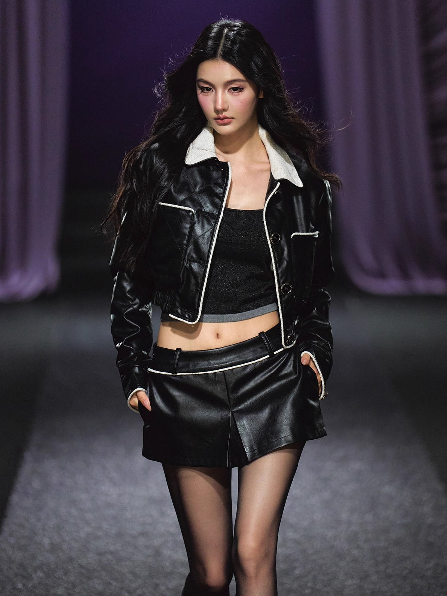 Contrast Trim Quilted Leather Jacket & Skirt Set