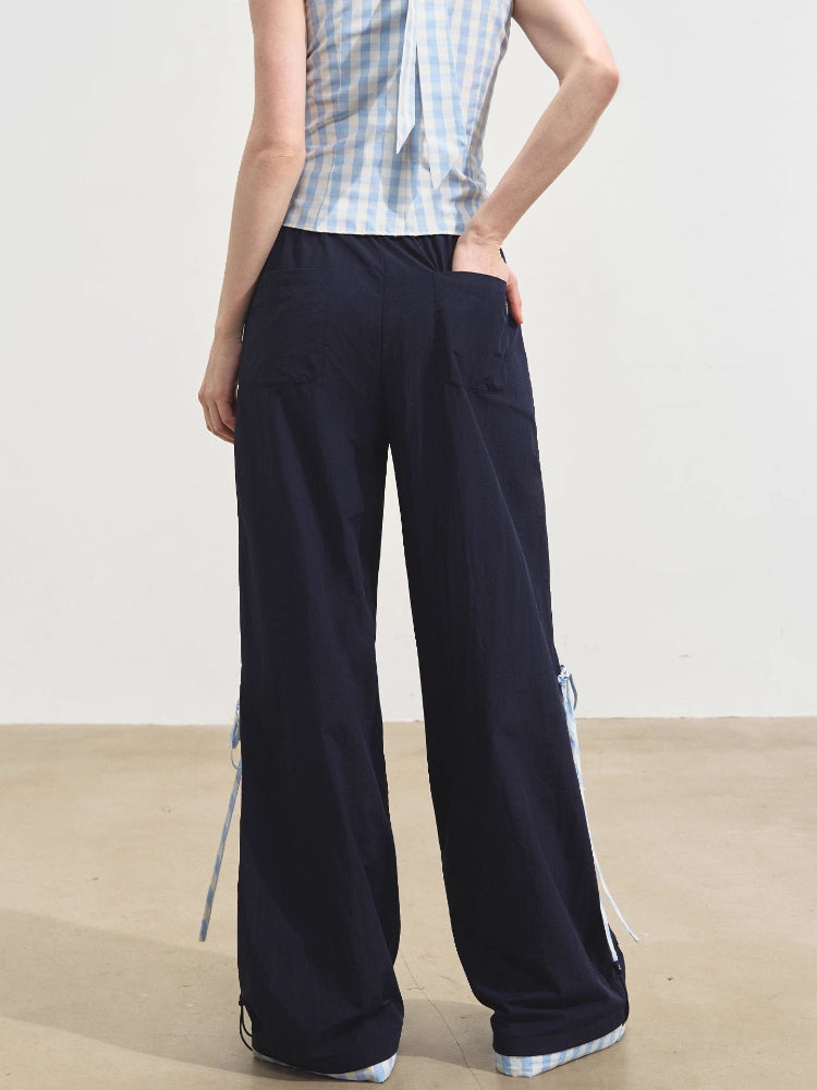 Floral-Patchwork Lightweight Checkered Utility Pants