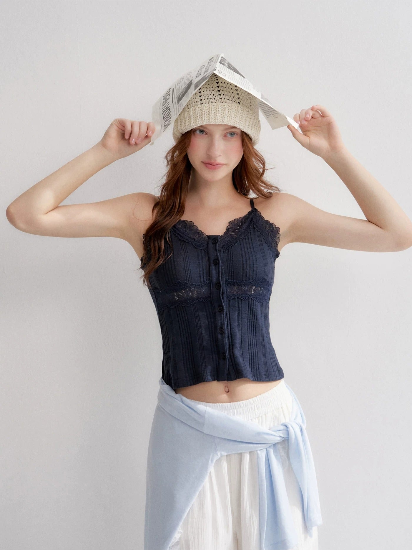 White And Blue Lace Trim Tank