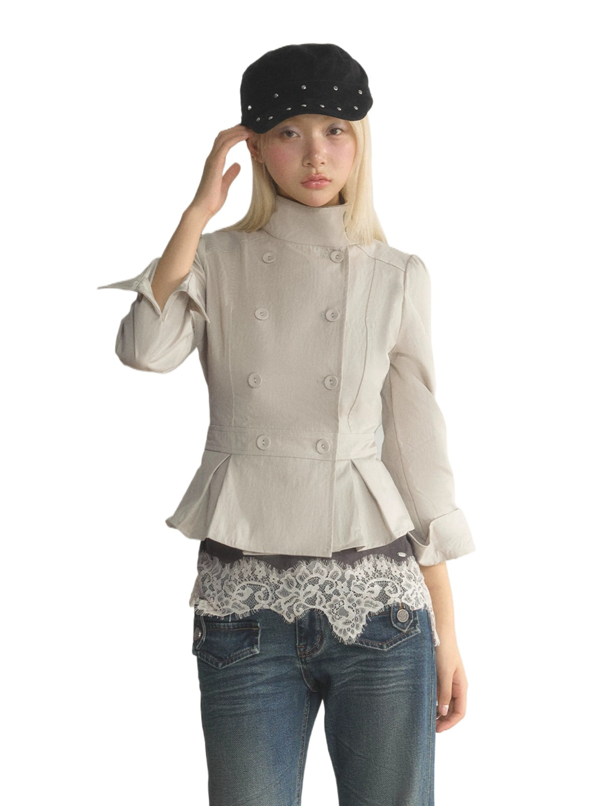 Vintage Stand Collar Peplum Jacket