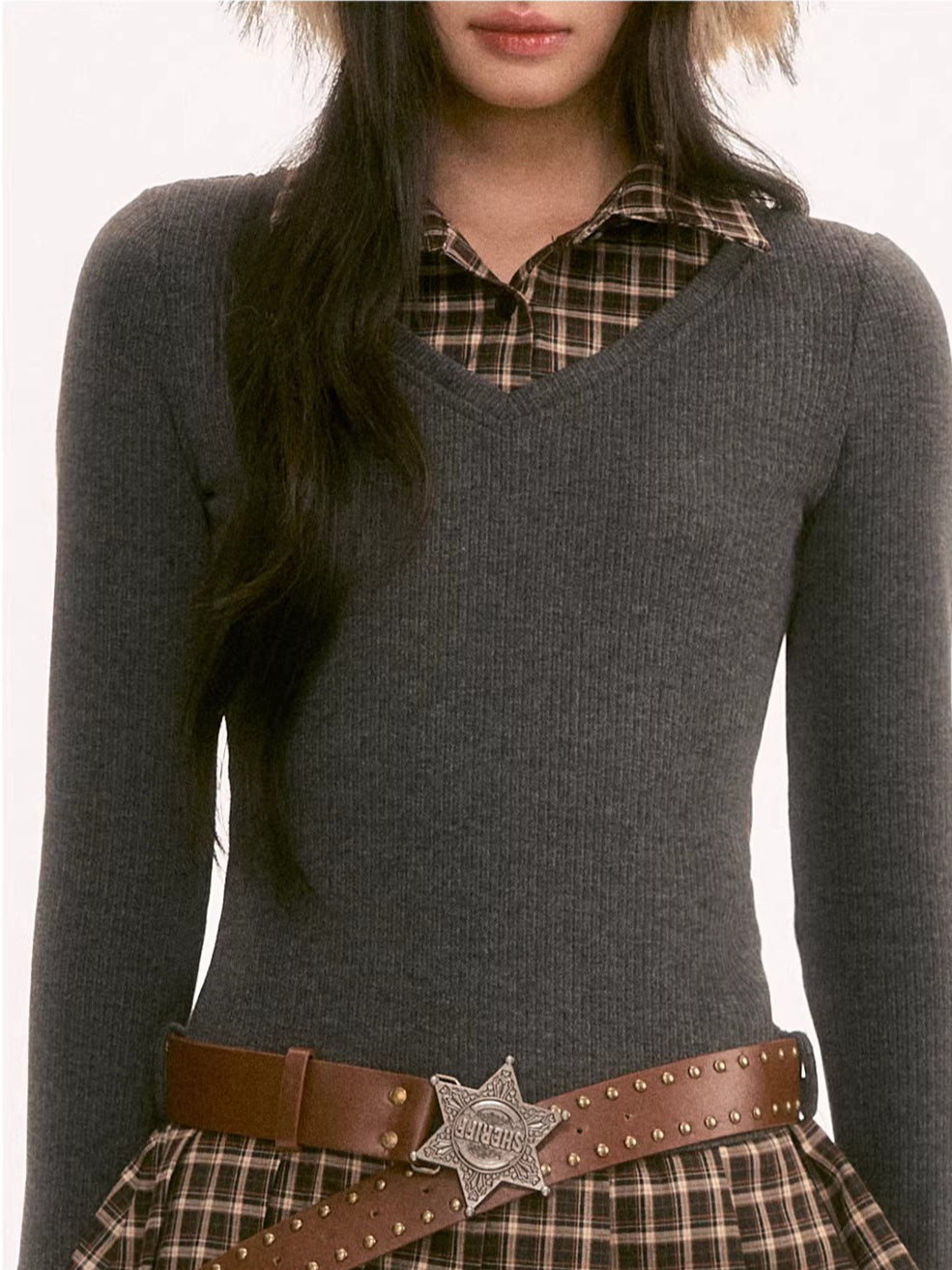 Gray Plaid Knit Midi Dress