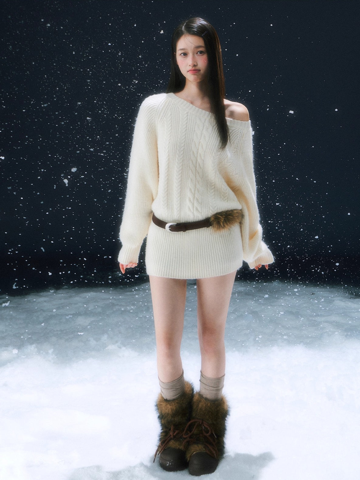 Coffee & Apricot Off-the-shoulder Belt Dress