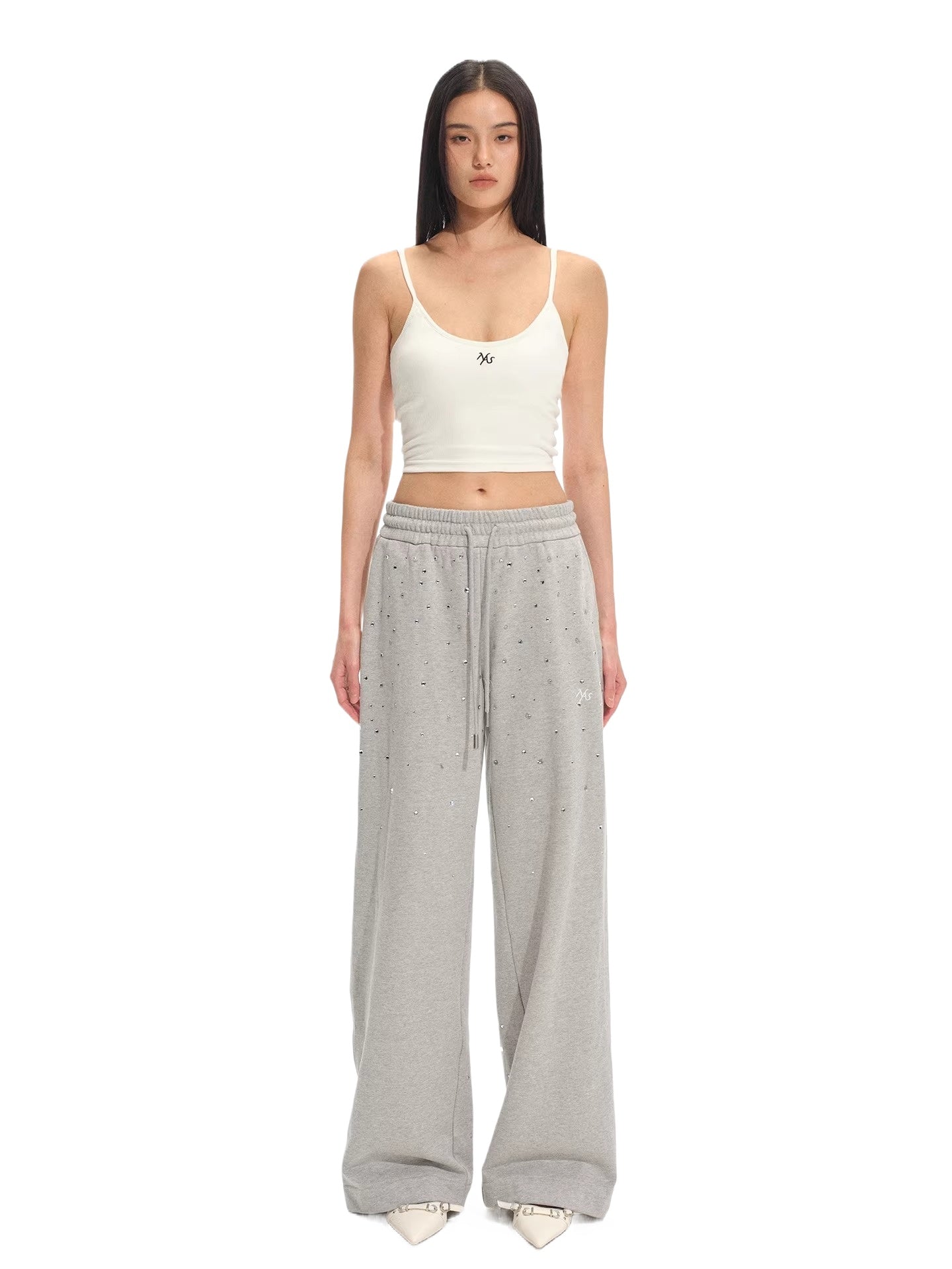 Gradient Rhinestone Cotton Knit Wide-Leg Pants