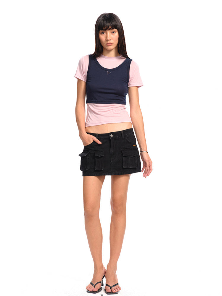 Asymmetrical Low - Rise Straight - Cut Denim Mini Skirt