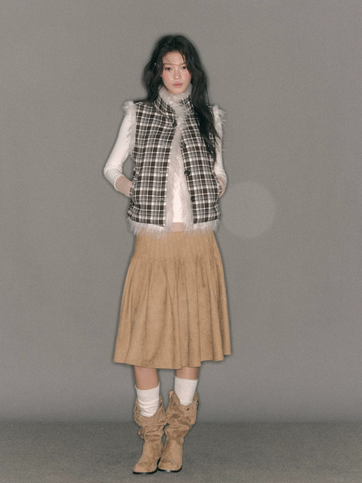 Reversible Plaid Faux Fur Vest