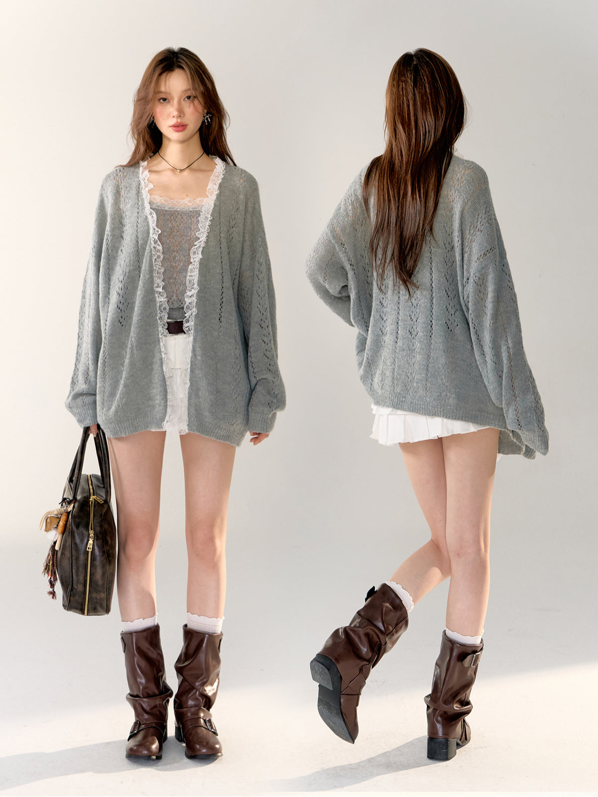 Gray & Purple Lace Trim Cardigan