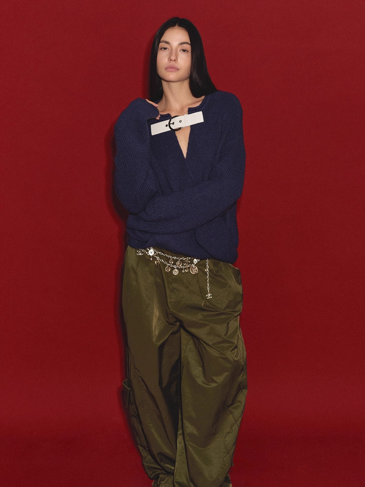 Wool V-Neck Buckle-Panel Sweater