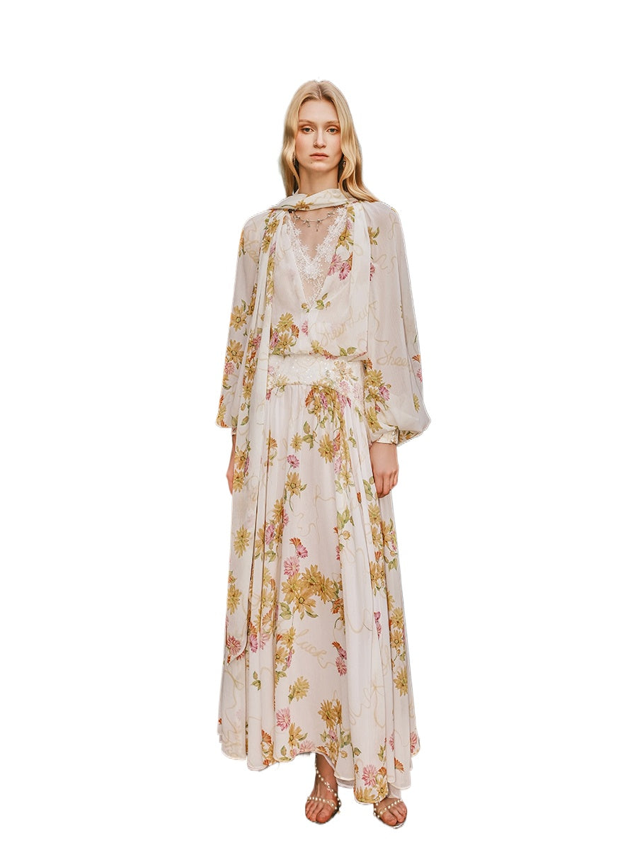 Milena Chiffon Lace Lantern Sleeve V-neck Dress