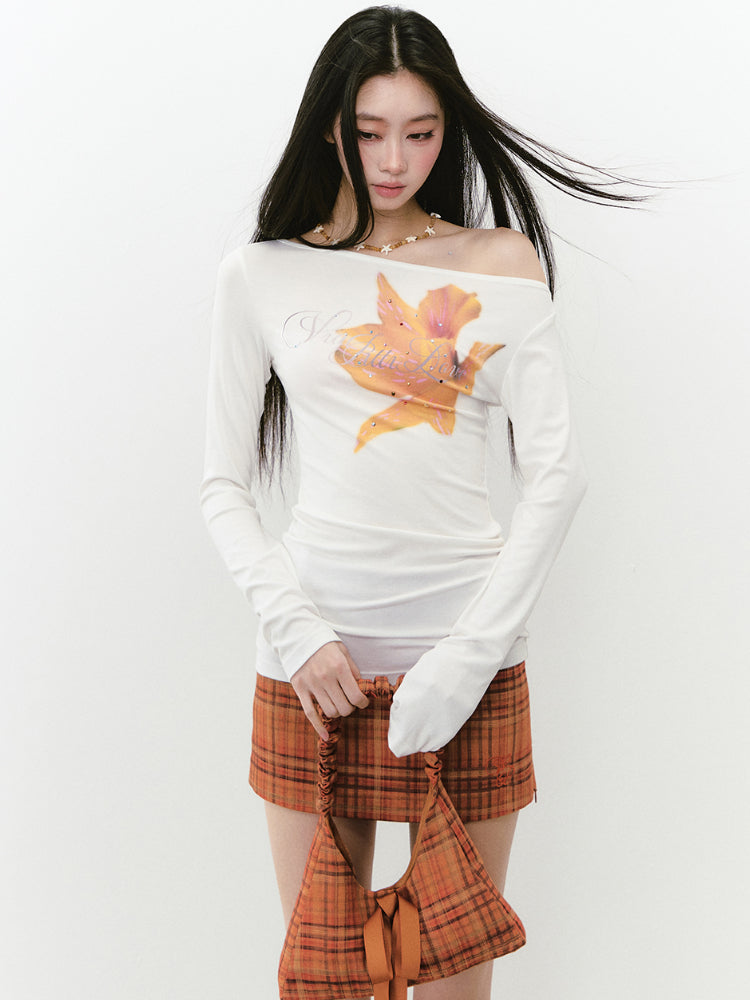 Floral Rhinestone Off-Shoulder Slim-Fit Long Sleeve T-shirt
