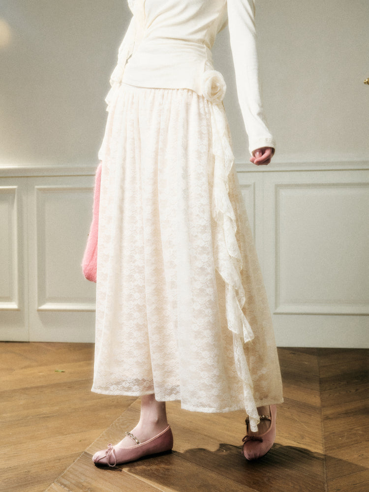 Lace Floral Asymmetrical Off-Shoulder Top & Skirt Set