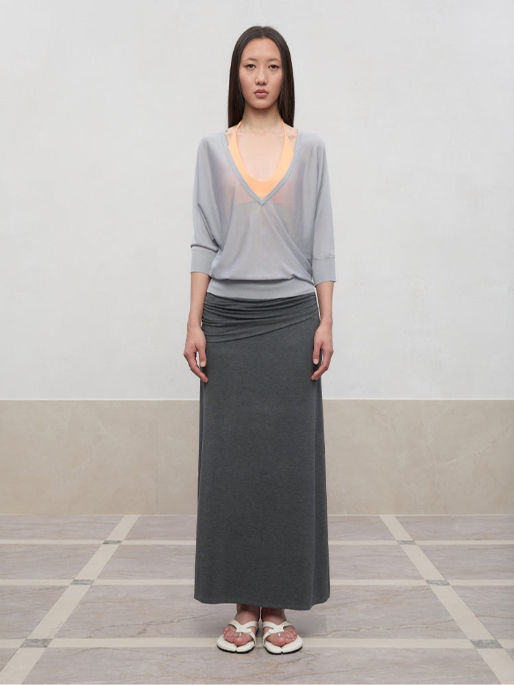 Lyocell Pleated Mid-Low Waist Midi Skirt