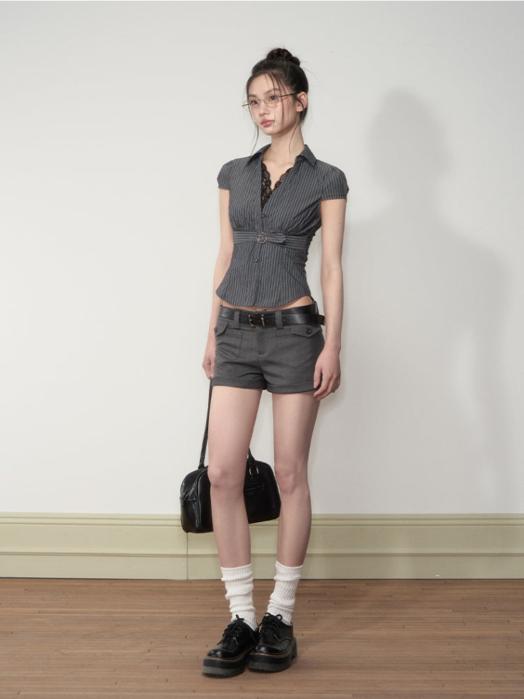 Waist Lace V - neck Shirt