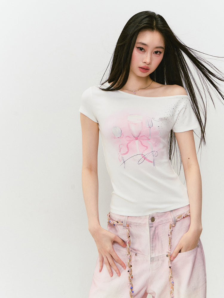 Printed Rhinestone Asymmetric Shoulder T-shirt