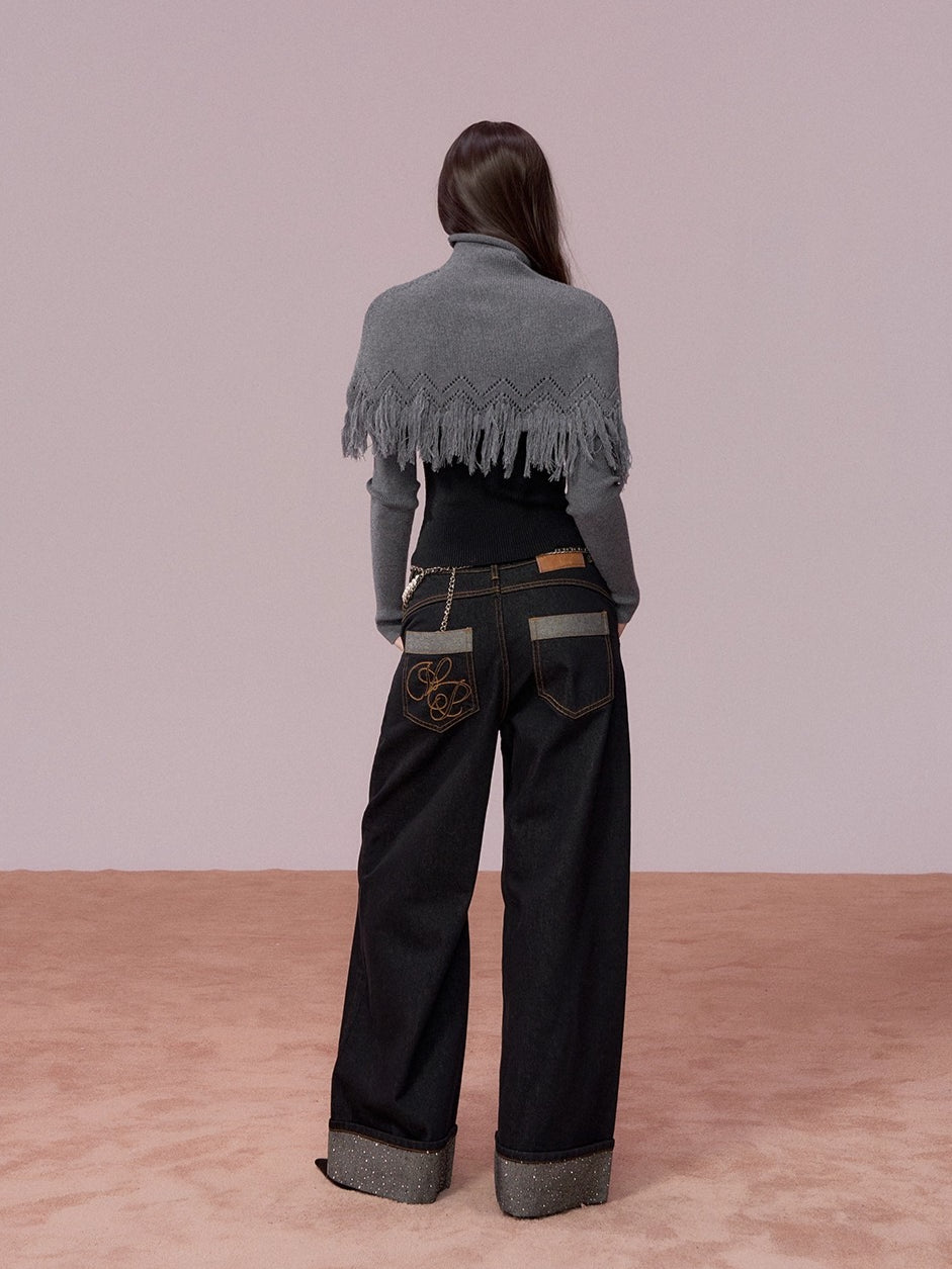 Color-Block High Neck Knit Top & Fringe Cape Set