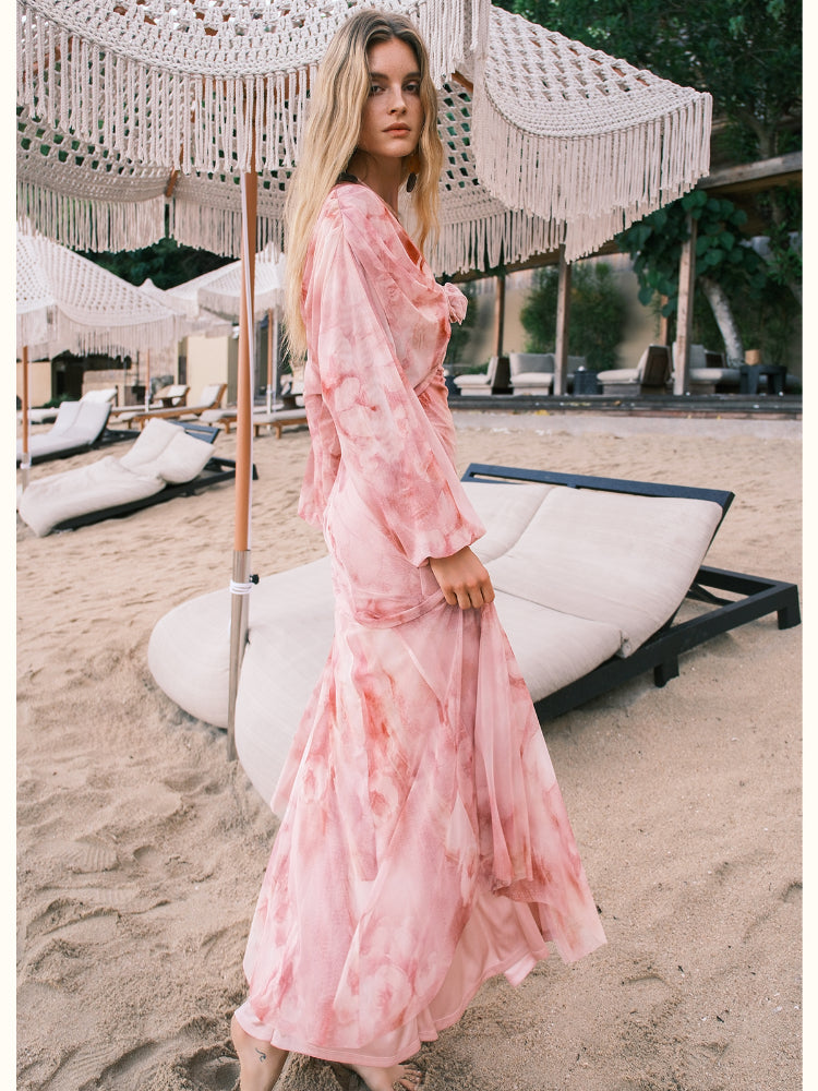 Net Fabric Halter Neck Backless High Slit Floral Print Dress