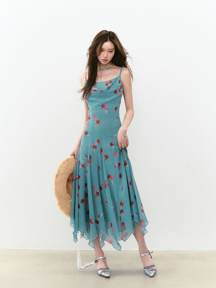 Flowing Flower Waist-cinched Cowl-neck Dress