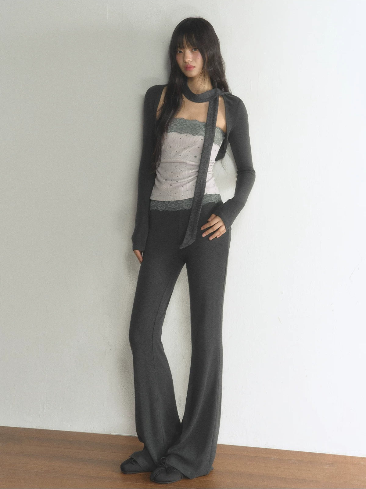 Lace Waist Soft Knit Flared Pants