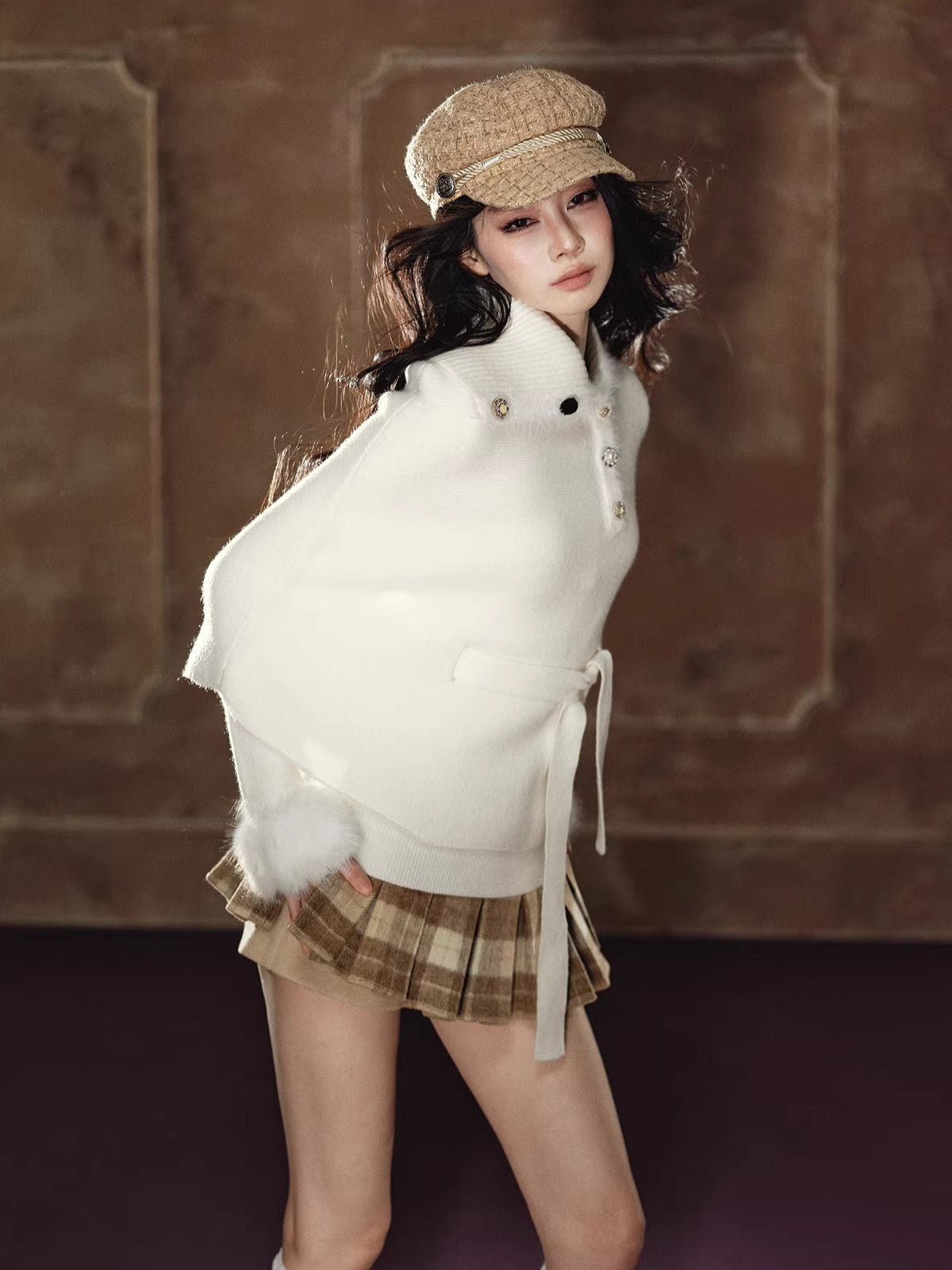 Kkaki Wool-Blend Plaid Pleated Skirt