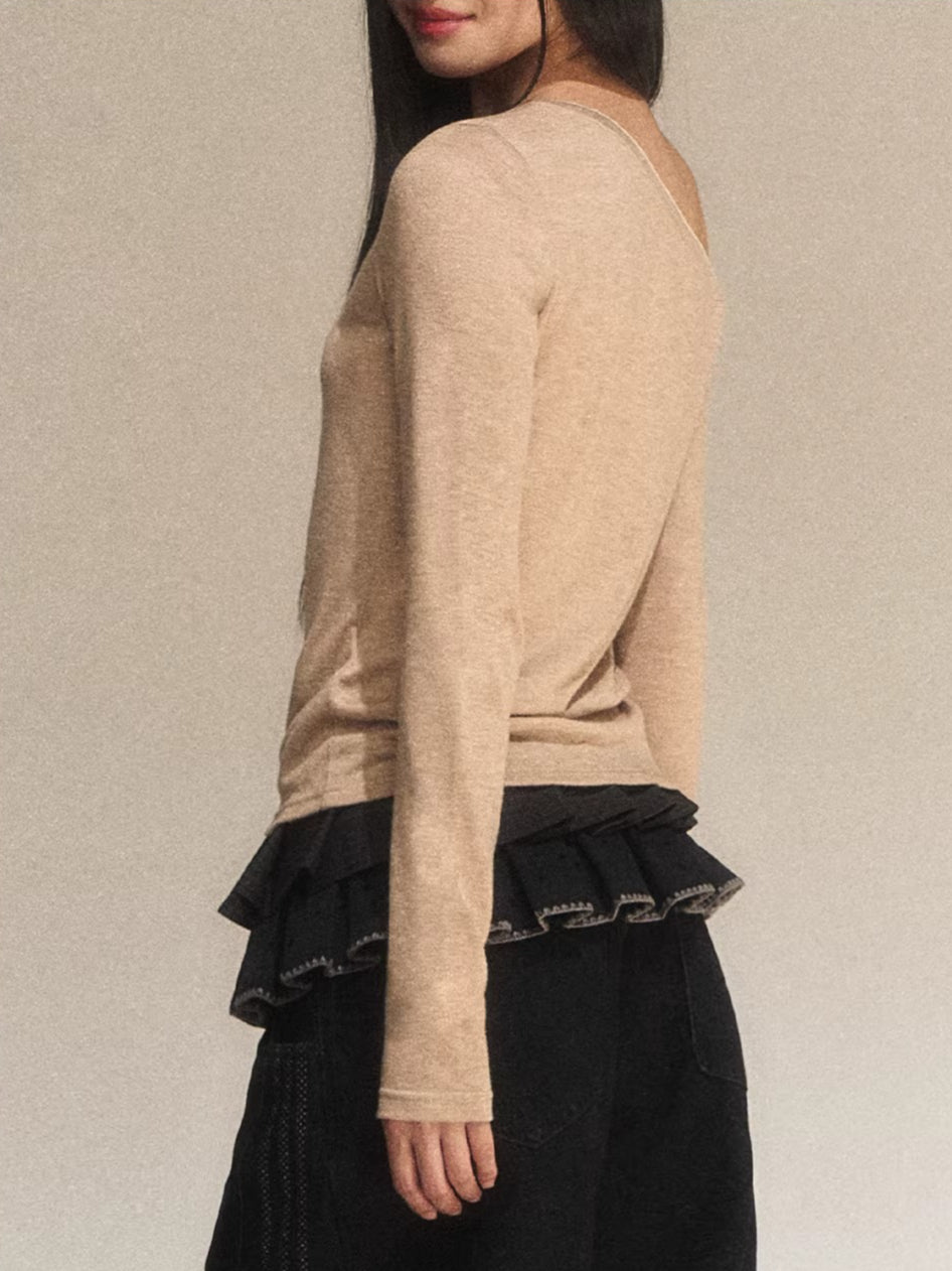 Oatmeal Angel Print Asymmetric Shoulder Top